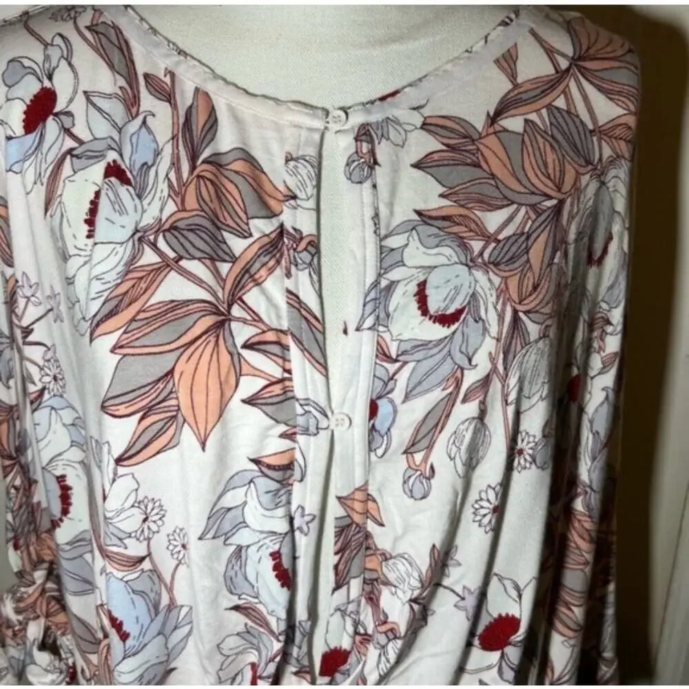 Free People Floral Print Tie Sleeve Slouch Blouse Lightweight Boho Pink White XS